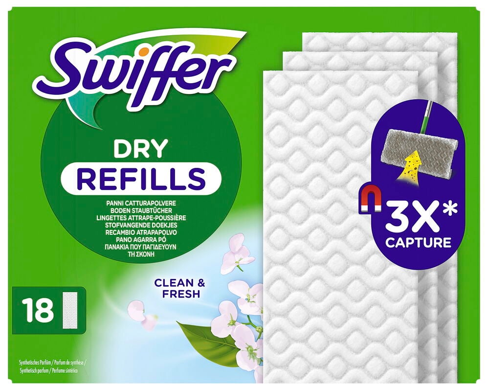 Tre vita torra städdukar på grön förpackning.