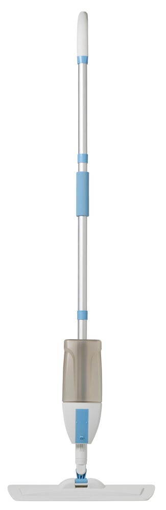 Valkoinen ja hopeinen Spraymoppi Refin vaaleansinisillä yksityiskohdilla ja läpinäkyvällä harmaalla säiliöllä, edestäpäin.