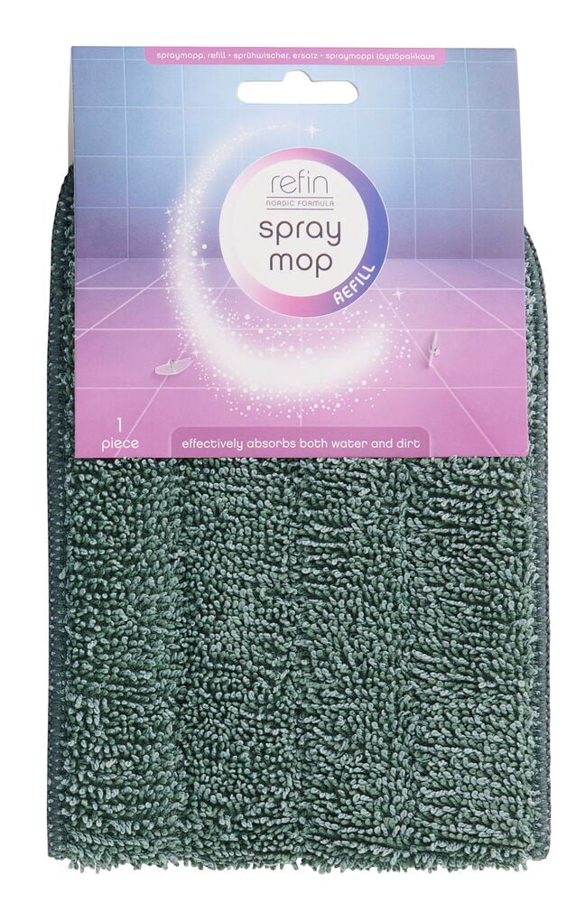 Mørkegrønn teksturert Spraymopp, refill Refin 1-pk, vist med pappemballasje.