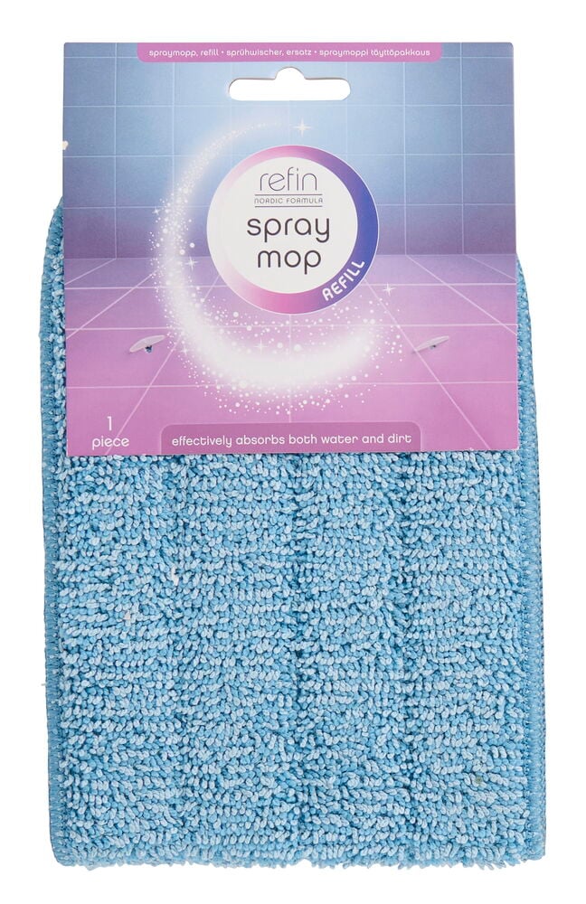Spraymopp, refill Refin 1-pk med en blå mikrofiberpute og hvit-lilla pappemballasje.