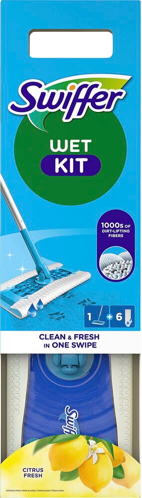 Starterset für Wischmopp Swiffer + 6 Wet Refills, blaue Packung mit Mopp, nassen Tüchern und Zitrusduft.