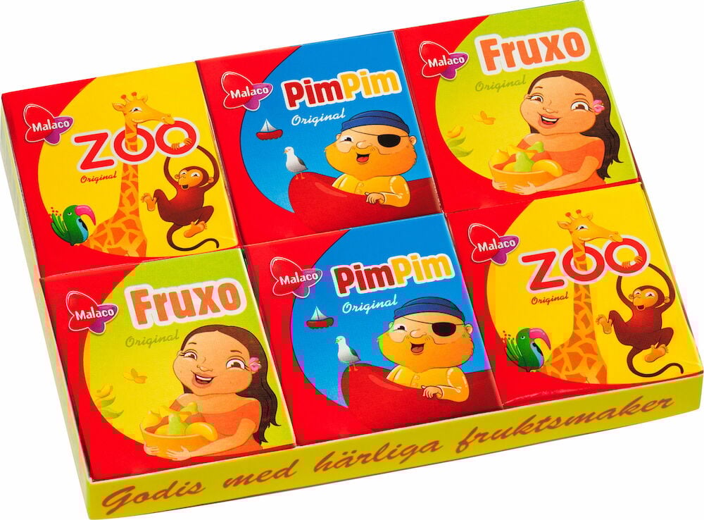 Sex färgglada askar Malaco gelégodis sorterade tillsammans.