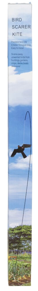 Pakkaus, jossa on lohikäärmemäinen lintujenpelätin sinistä taivasta vasten.