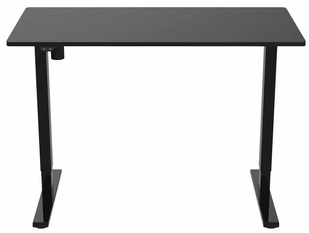 Schwarzer höhenverstellbarer Schreibtisch mit T-Rahmen.