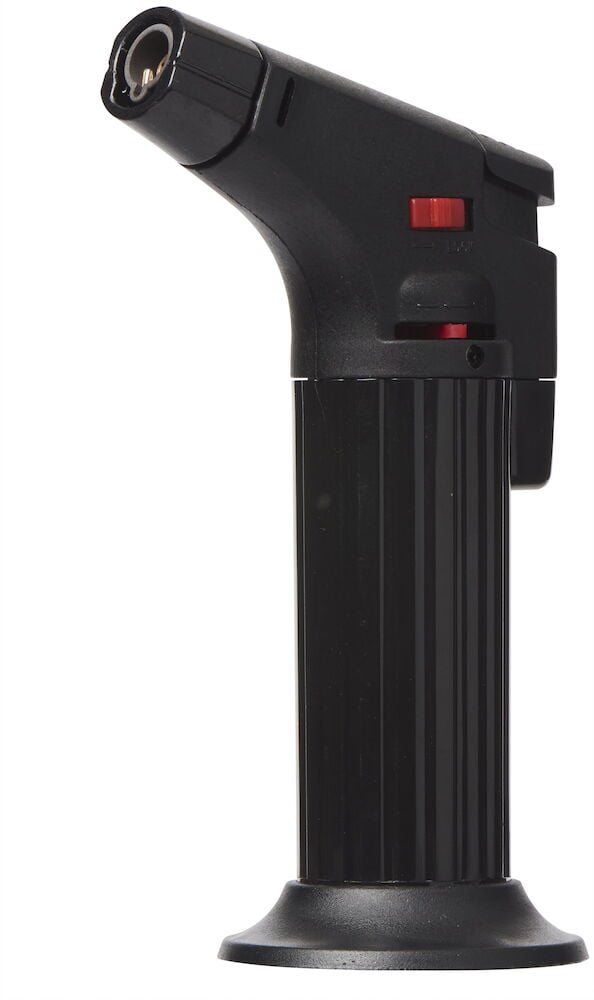 Svart gasslighter med rød regulering og stabil fot.