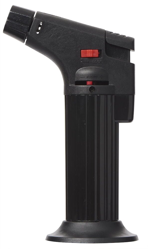 Svart gaständare med säkerhetslås och justerbar låga.