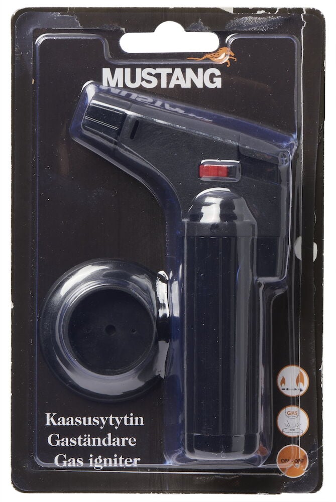 Svart gaständare i plastförpackning med tillbehör.