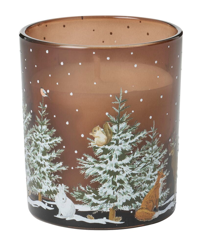 Doftljus Yankee Candle 340 g Cinnamon Delight i brun glashållare med vinterdjur och skogsmotiv.