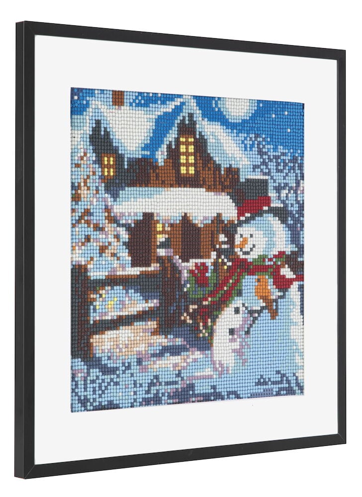 Tafel mit Schneemann und schneebedecktem Haus in Winterlandschaft.