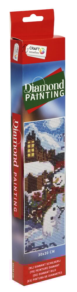 Diamond Painting Kit mit Schneemann- und Hausmotiv.