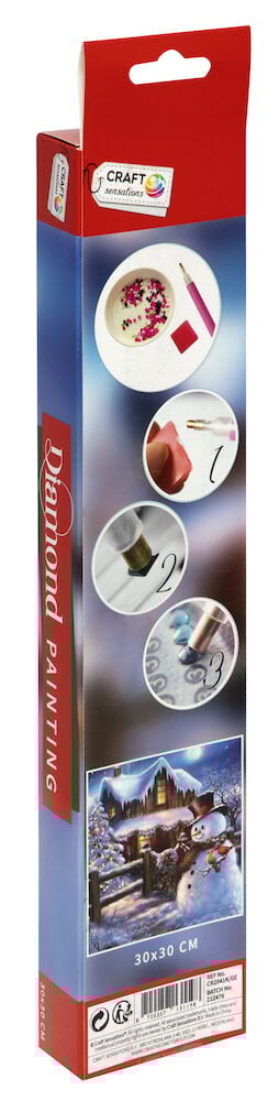 Verpackung mit Diamond Painting Schneemann und Haus Motiv.