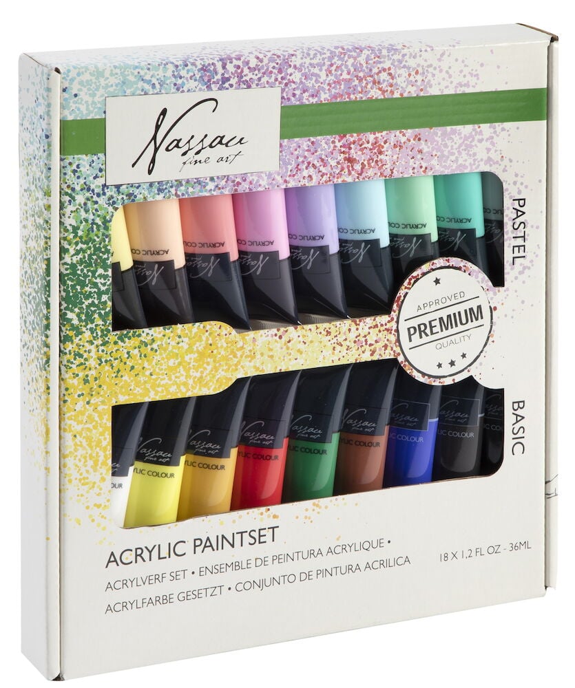 Set med arton färgtuber akrylfärg pastell och primär.