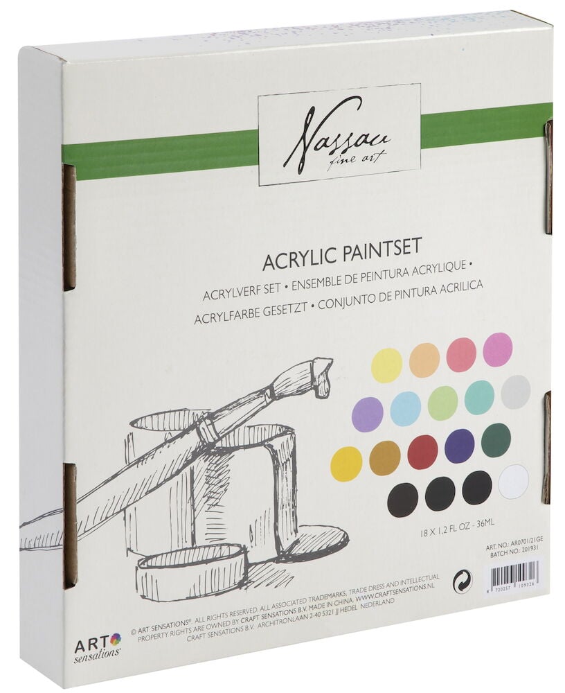 Akrylfärgset med 18 färgtuber i olika nyanser.