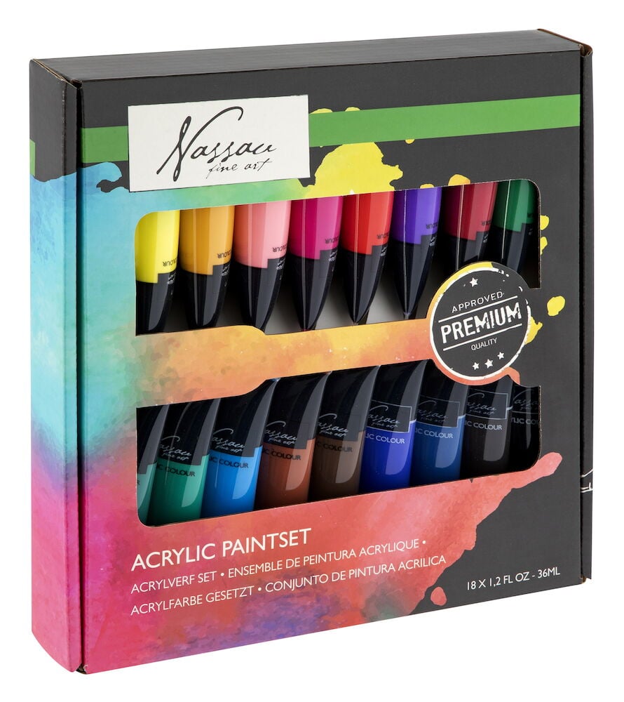 Akrylfärgset med arton tuber i olika färger.