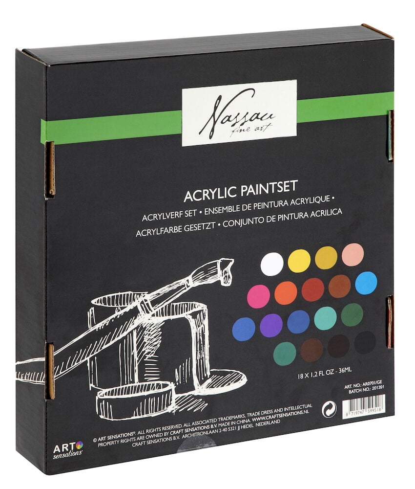 Svart låda med färgade cirklar och konstmotiv.