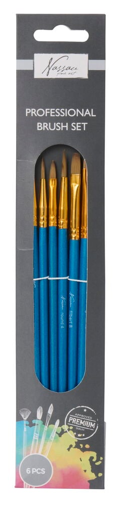 Kuusi taiteilijasivellintä sinisellä puukahvalla pakkauksessa.