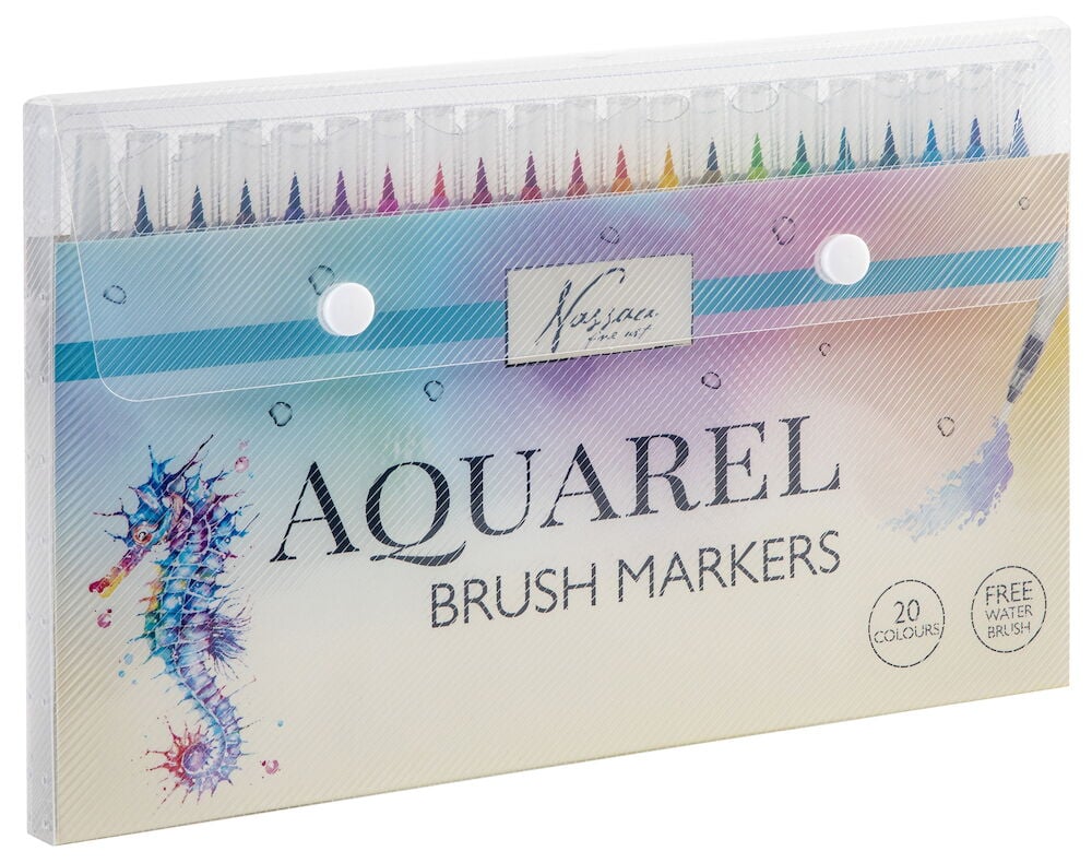 Förpackning med tjugo akvarelltuschpennor och vattenpensel.
