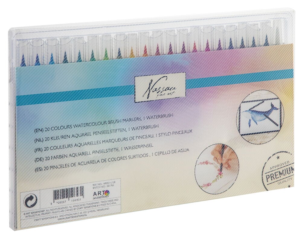 Tjugo färgglada akvarelltuschpennor i genomskinlig plastförpackning.