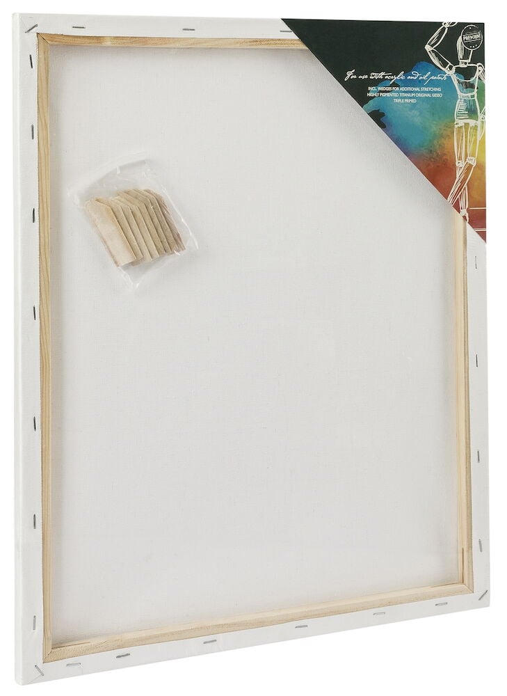 Rückseite einer weißen Leinwand mit Holzrahmen und Keilen.