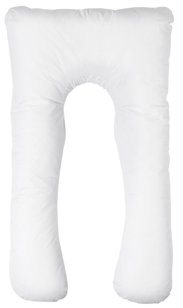 Valkoinen U-muotoinen vartalotyyny pehmeällä päällimateriaalilla.