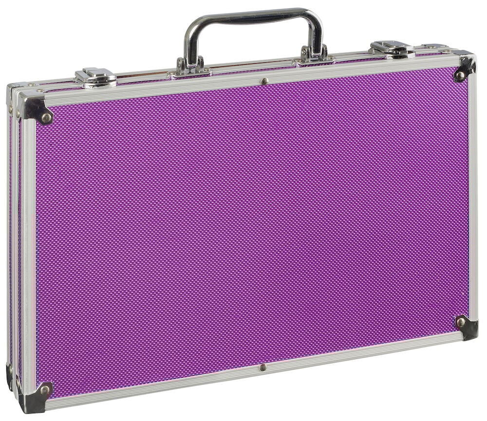 Lila metallväska med handtag och två lås.