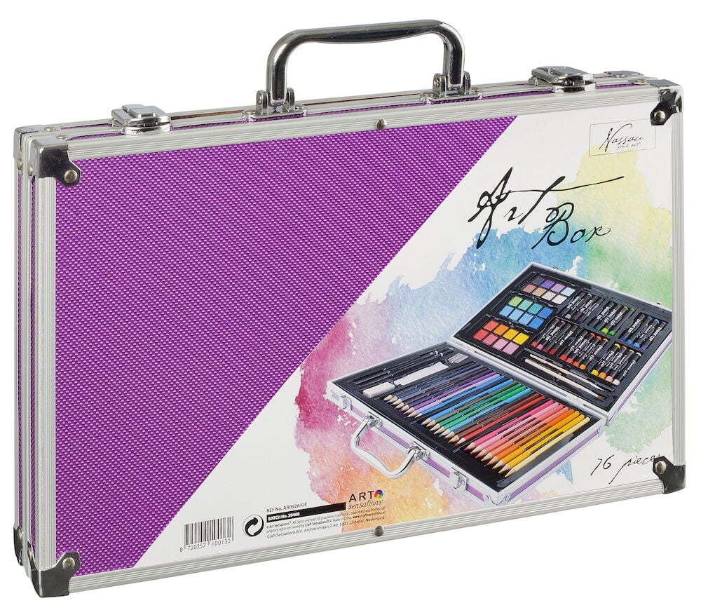 Lila konstnärslåda i metall med handtag.