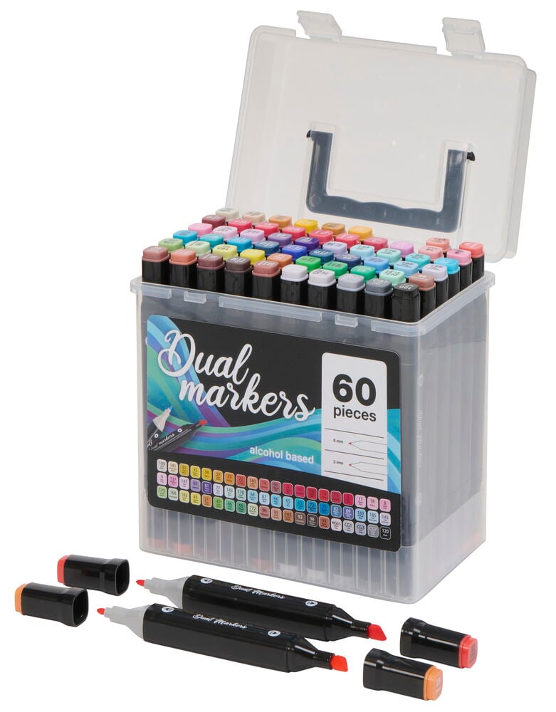 Sextio färgade dubbelsidiga tuschpennor i genomskinlig plastlåda.