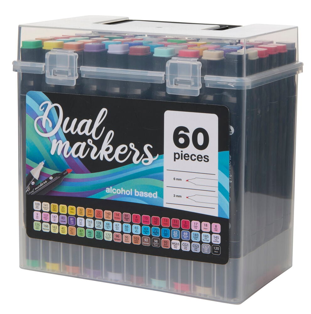 Plastlåda med 60 dubbelsidiga färgade tuschpennor.