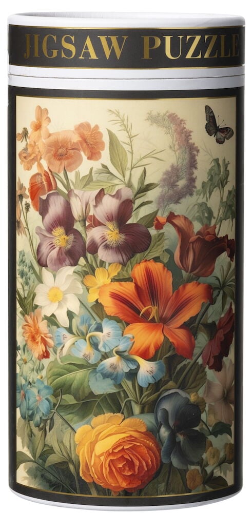 Runde Schachtel mit bunten Blumen und einem Schmetterling.