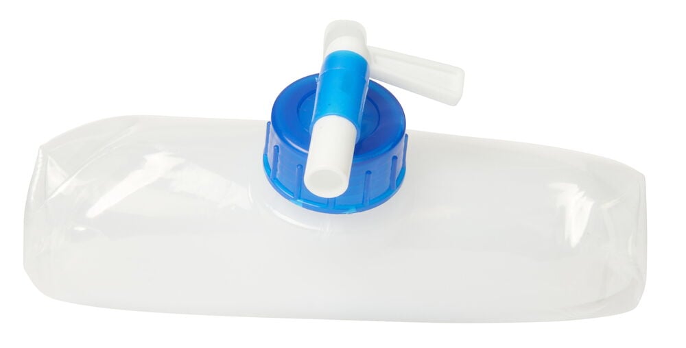 Läpinäkyvä taitettava vesikanisteri, jossa on sininen hana.