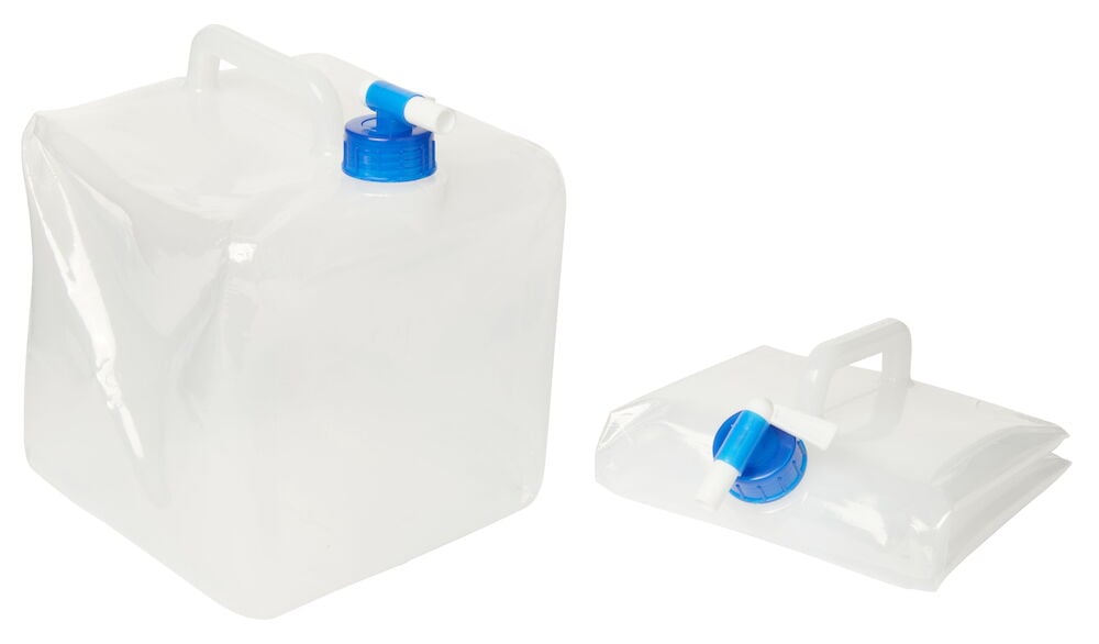 Läpinäkyvä kokoontaitettava vesikanisteri kahvalla ja hana.