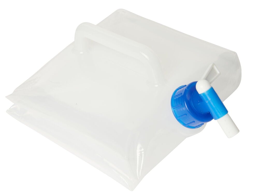 Taitettava läpinäkyvä vesikanisteri sinisellä hanalla.