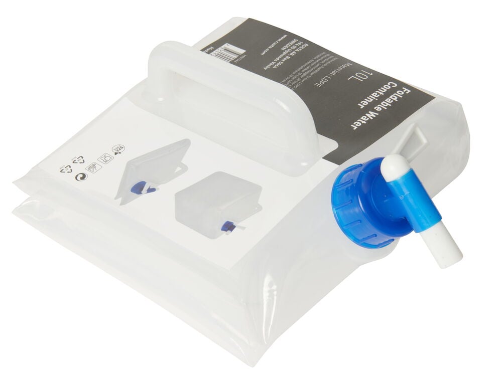 Taitettava vesikanisteri, jossa on kahva ja sininen hana.