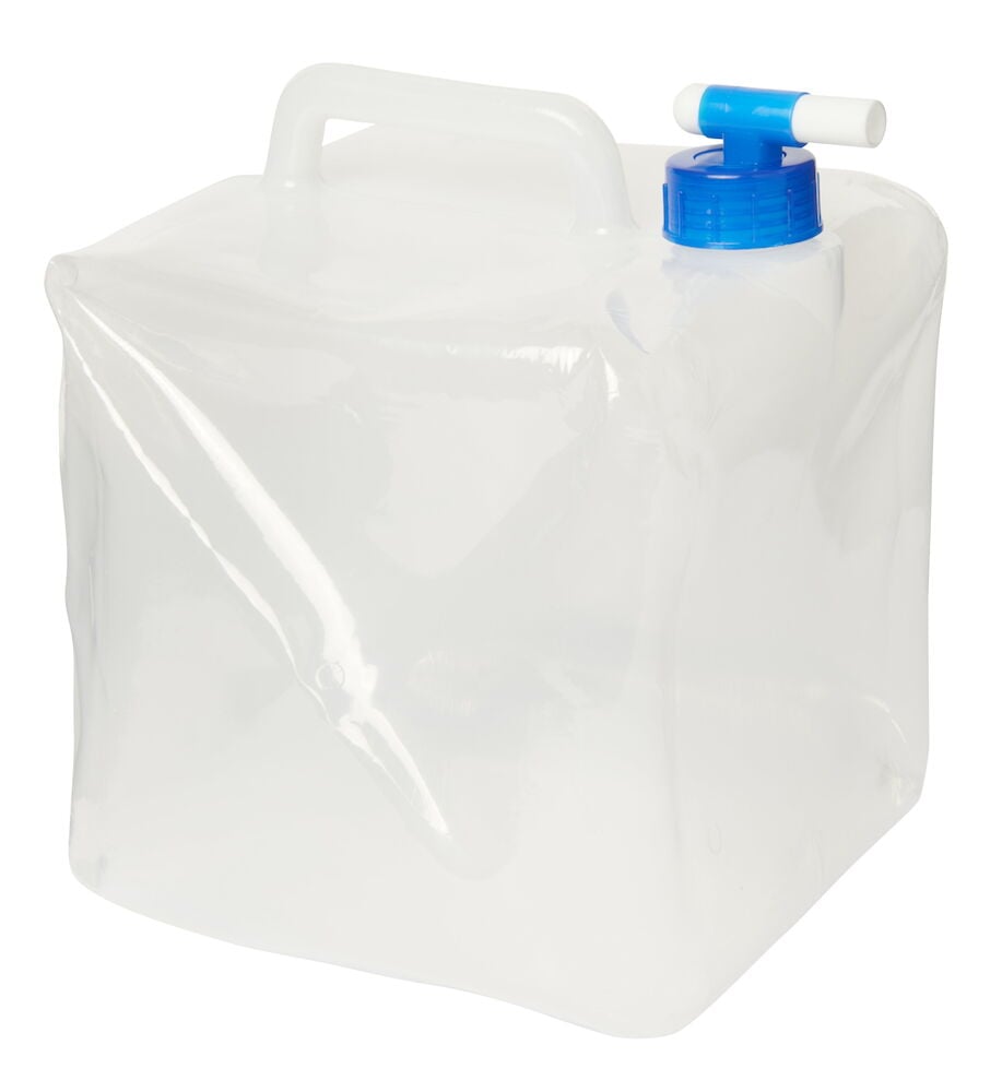 Transparent sammenleggbar vanndunk med håndtak og blå kran.