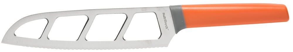 Kökskniv med orange handtag och sågad egg.