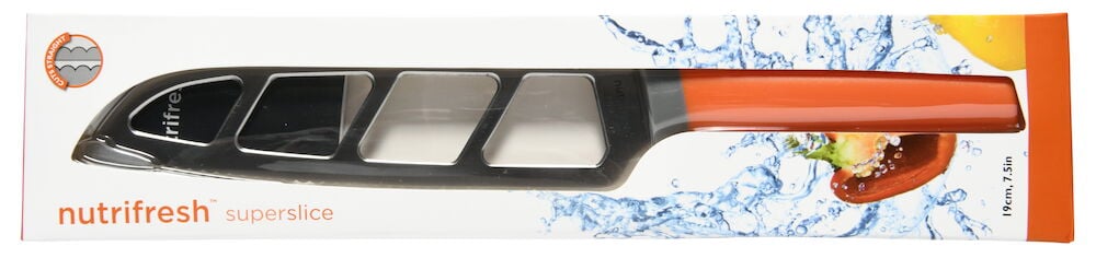 Keittiöveitsi, jossa on oranssi kahva ja suojus pakkauksessa.