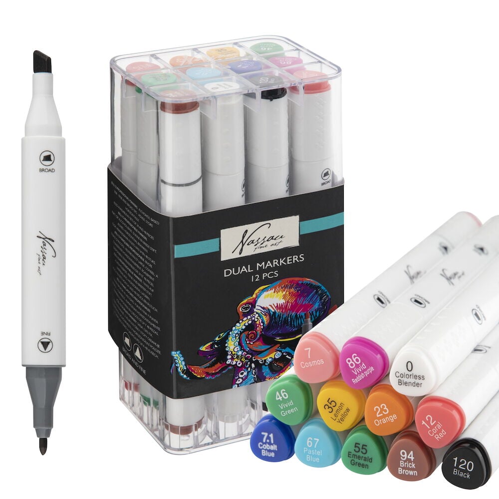 Zwölf beidseitig verwendbare Filzstifte in transparenter Plastikverpackung.