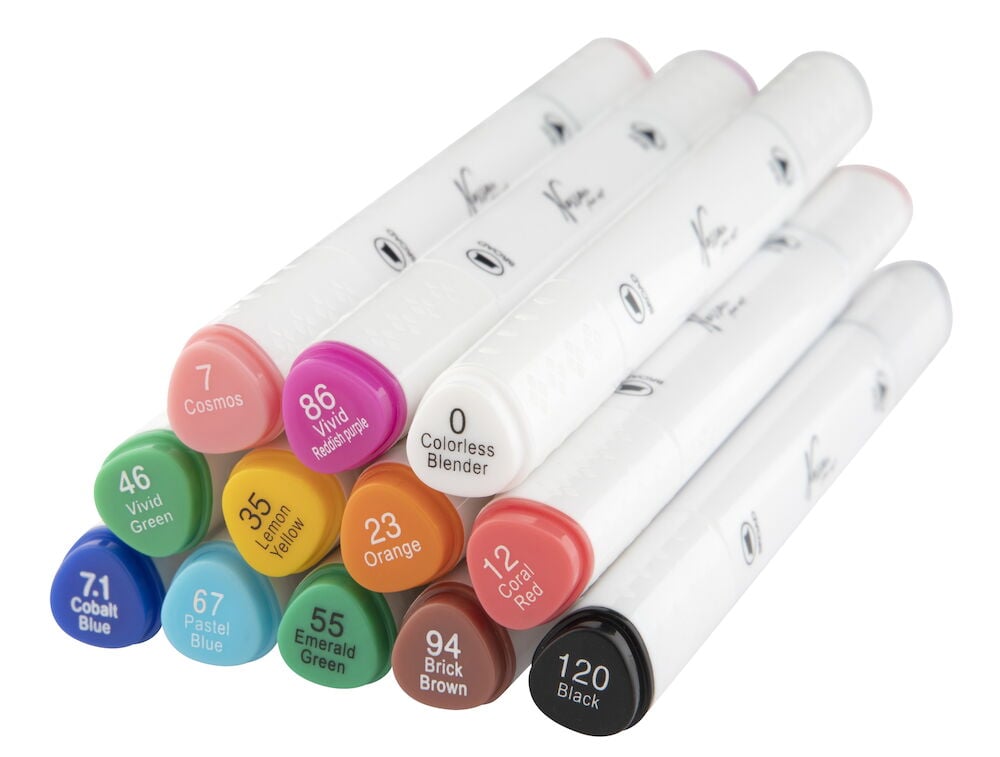 Zwölf doppelseitige Filzstifte in verschiedenen kräftigen Farben.