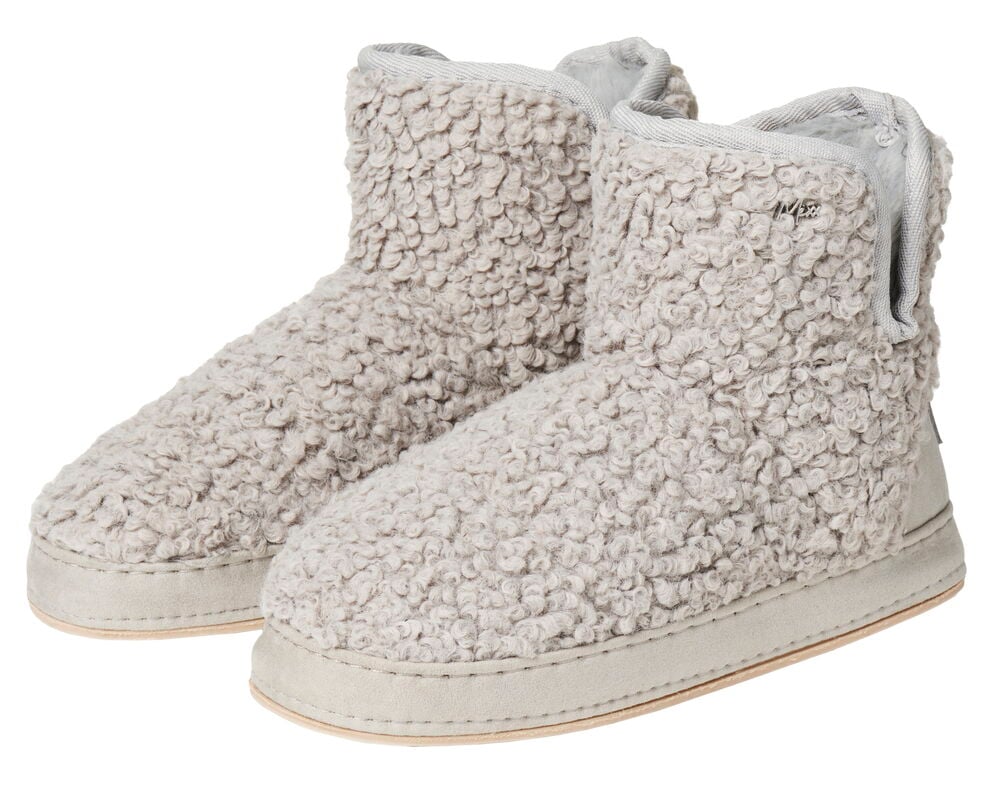 Beiga innetofflor med mjuk fuskpäls och tjock sula.