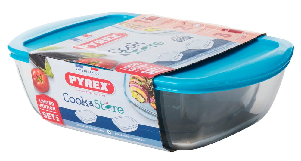 Zwei Glasbehälter mit blauen Plastikdeckeln gestapelt.