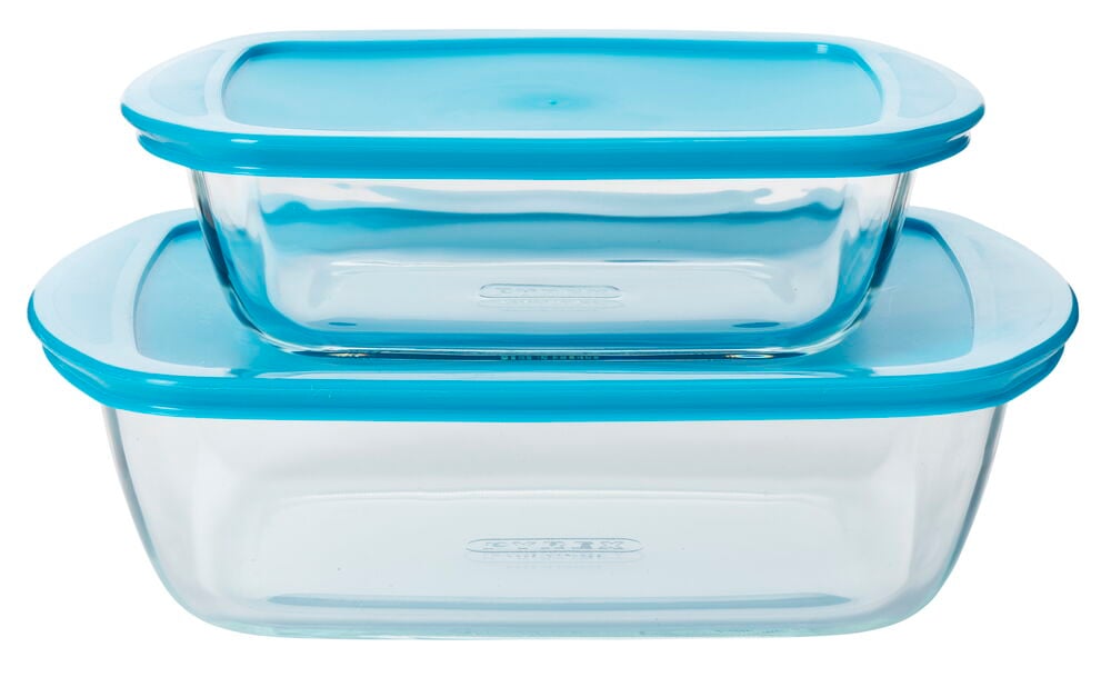 Zwei Glasboxen mit blauen Plastikdeckeln gestapelt.