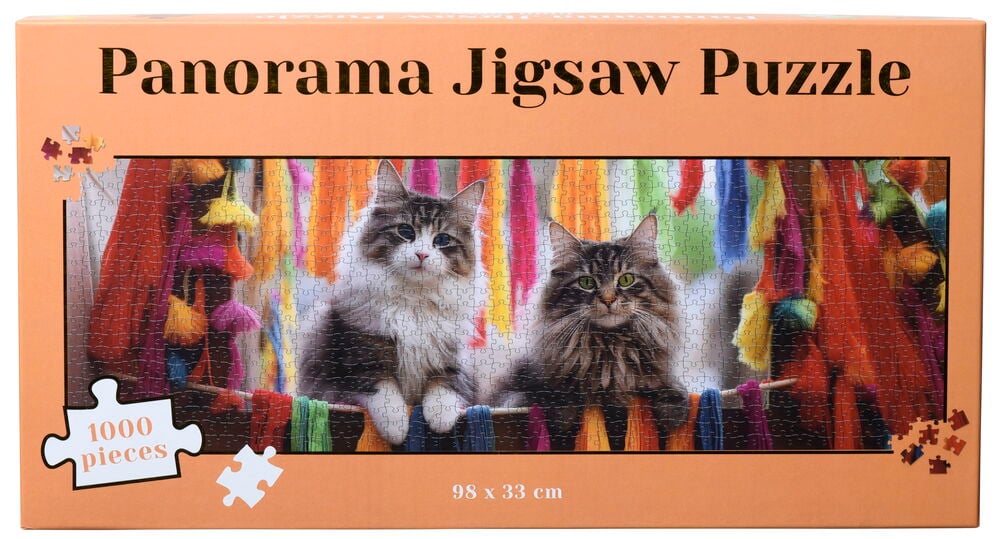 Panoramapussel med två kattungar och färgglada band.