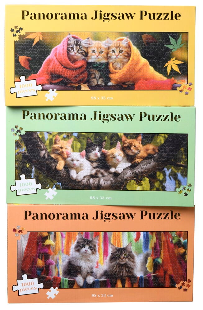 Tre pusselaskar med panoramabilder av söta kattungar.