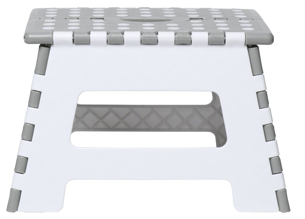 Gråvit hopfällbar plastpall med halksäker ovansida.