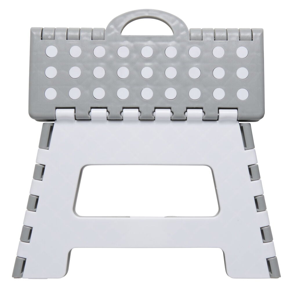 Grå och vit hopfällbar plastpall med handtag.