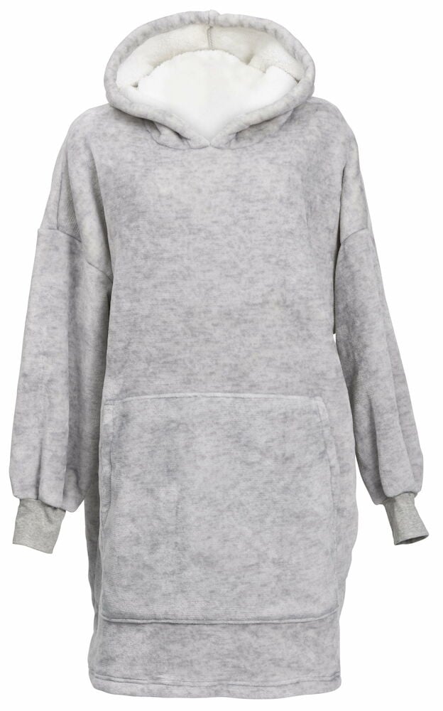 Vaaleanharmaa oversized huppari hupulla ja kengurutaskulla.