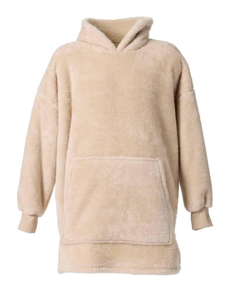 Oversized beige polyesterhoodie med luva, känguruficka och långa ärmar, framifrån.