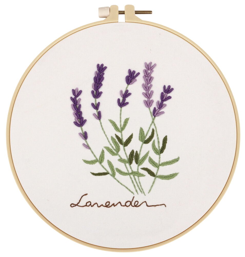 Broderi av lavendel i rund broderibåge.