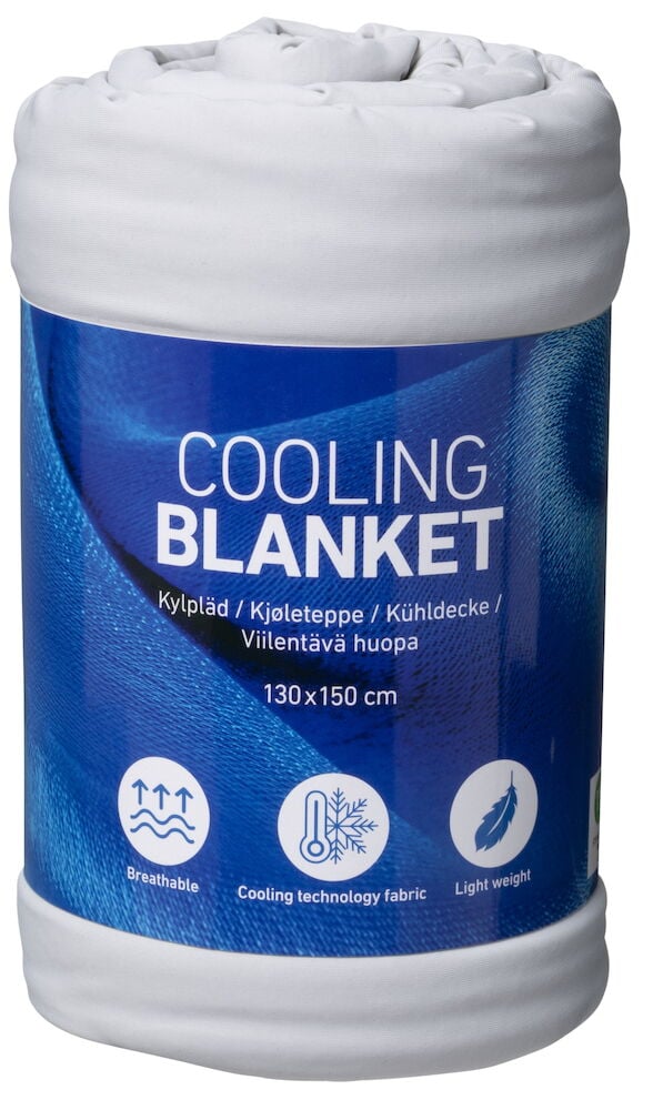 Harmaa viilentävä torkkupeitto, joka on rullattu kokoon sinisellä etiketillä.