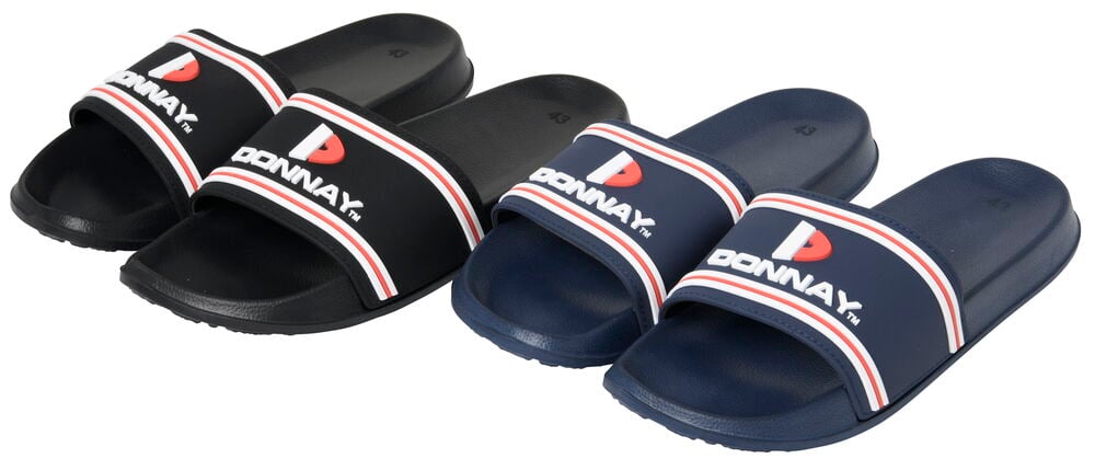 Två par badtofflor herr i svart och blått.